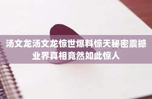 汤文龙汤文龙惊世爆料惊天秘密震撼业界真相竟然如此惊人